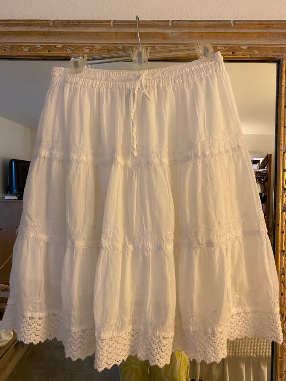 Boho White Tiered A-Line Skirt with Crochet Hem, fits a Medium
